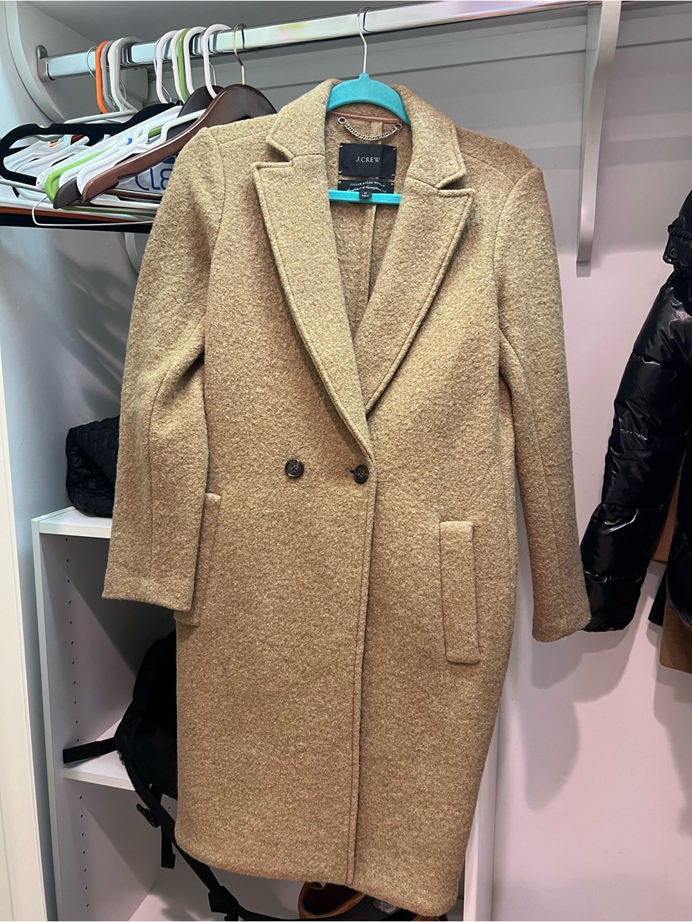 J.Crew Daphne Topcoat in Italian Boiled Wool, in Heather Camel.